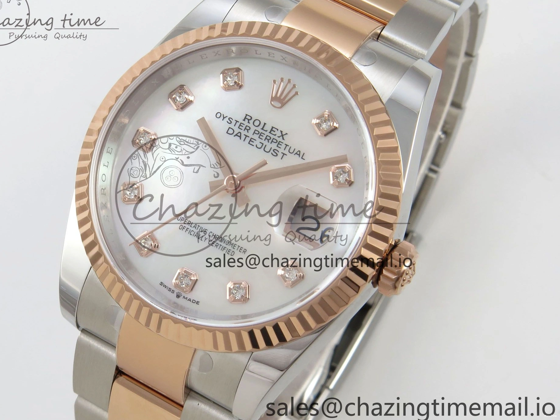 MiroTime 0426 FastDry DateJust 36 SS RG ARF 1:1 Best Edition 904L Steel White MOP Diamonds Dial on Oyster Bracelet SH 57